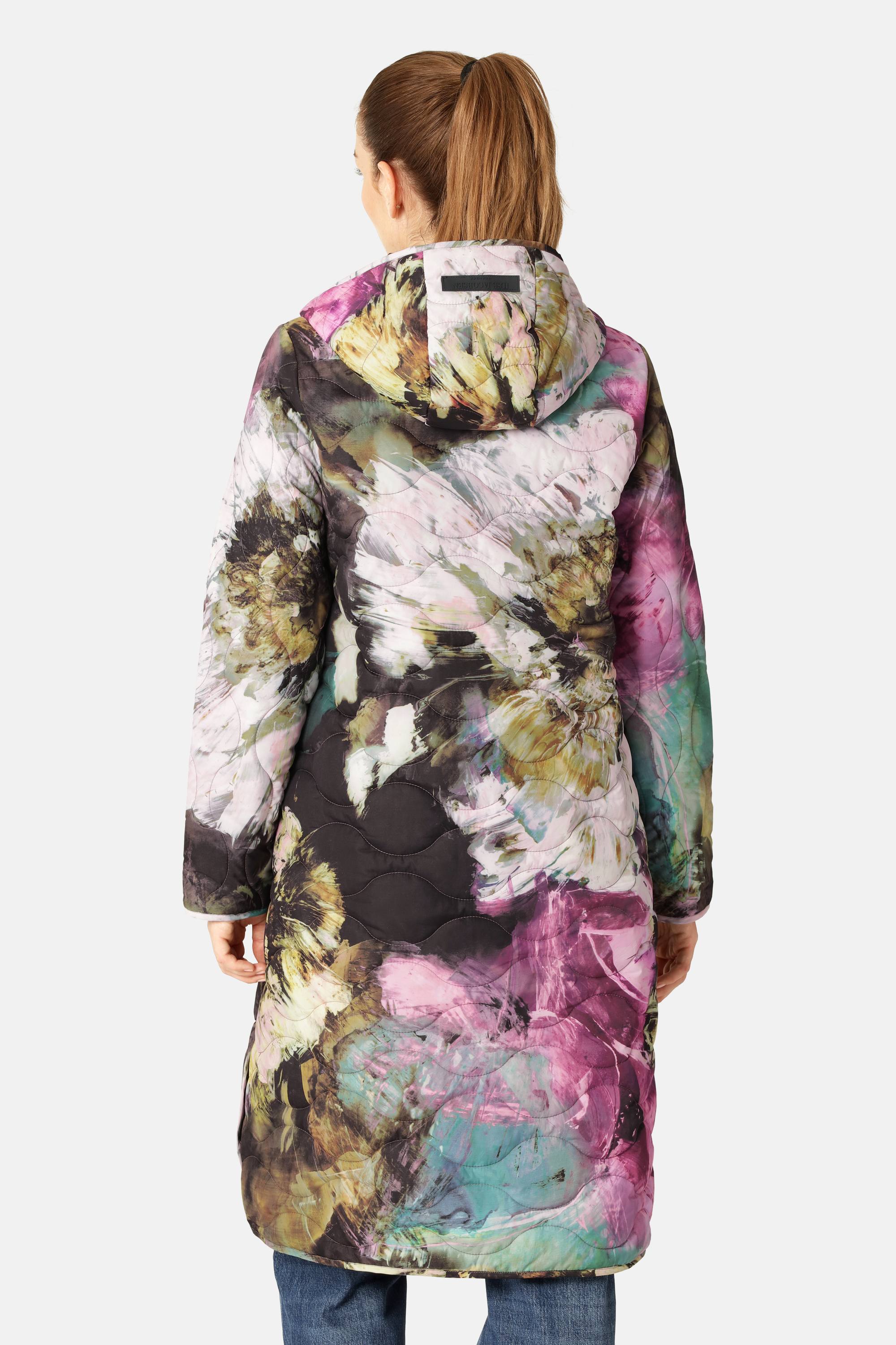 Lang Quiltet Frakke - Artistic Flower Print